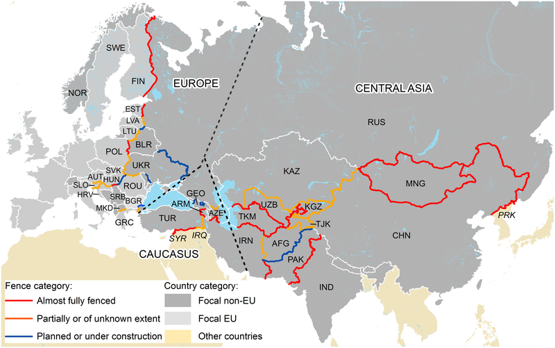 The extent of border security fencing along national borders in Europe and Central Asia.